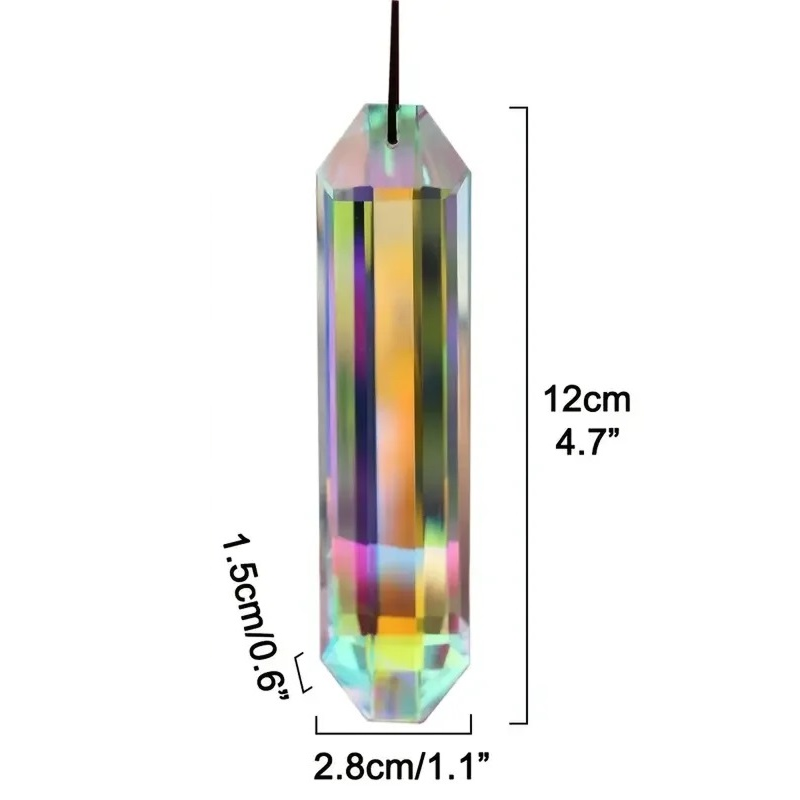 Multicolored crystal pendant with measurements on a white background