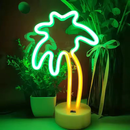 Neon palm tree light with green and yellow colors on a dark background