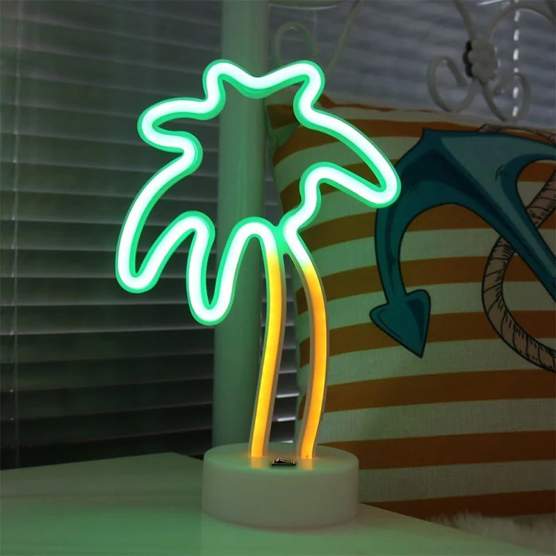 Neon palm tree light on a table with a striped background