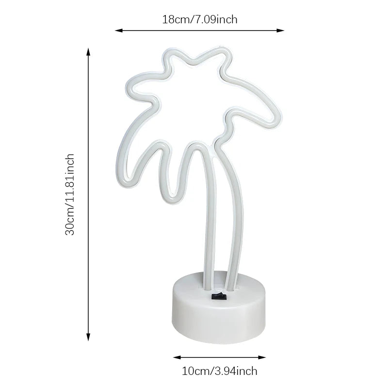 Neon light palm tree with dimensions on a white background