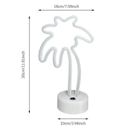 Neon light palm tree with dimensions on a white background