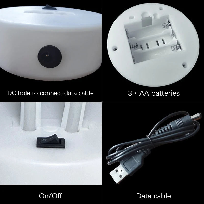 Product assembly guide with DC hole, batteries, on/off switch, and data cable.