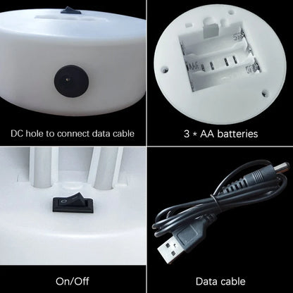 Product assembly guide with DC hole, batteries, on/off switch, and data cable.