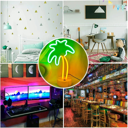 Collage of various room settings including a bedroom, home office, and restaurant interior with a neon palm tree light.