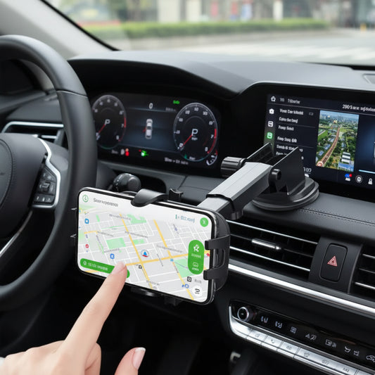Car dashboard with a phone mount displaying a navigation app, with a hand interacting with the phone.