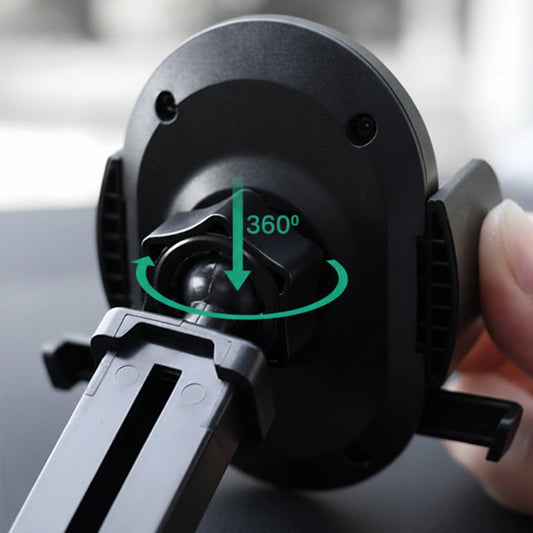 360-degree phone mount with a hand holding it, showing its flexibility.