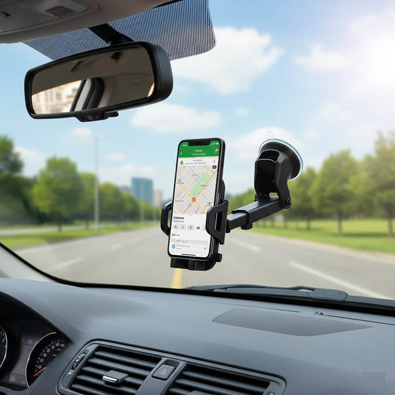 Phone mounted on a car dashboard with a clear view of the road ahead