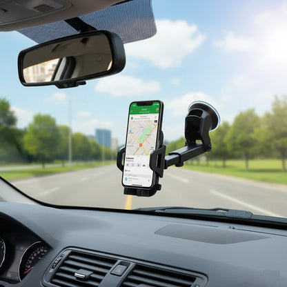 Phone mounted on a car dashboard with a clear view of the road ahead