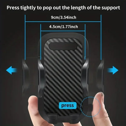 Phone holder with carbon fiber pattern and measurement details on a black background