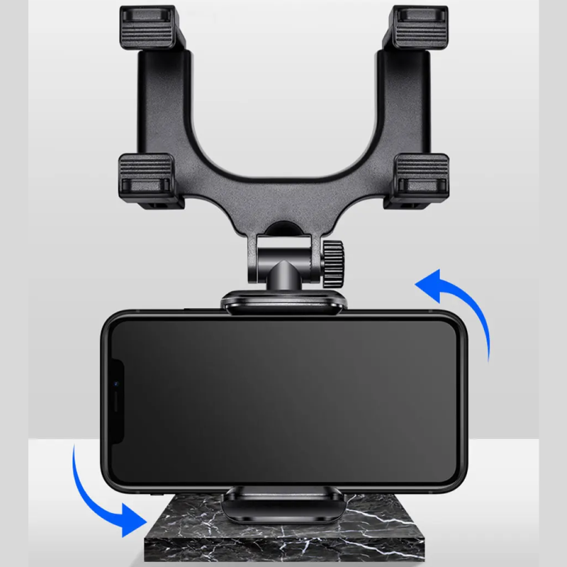 Phone holder with adjustable arm on a marble base against a light gray background