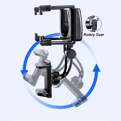 Phone holder with rotary gear mechanism on a light blue background