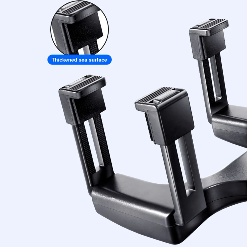 Black metal bracket with a thickened surface feature on a light gray background