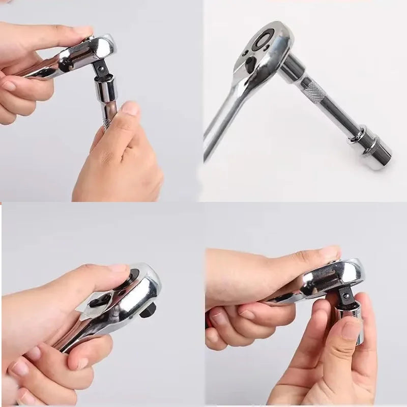 Close-up of a hand holding a metallic ratchet wrench with a detailed design on a light gray background.