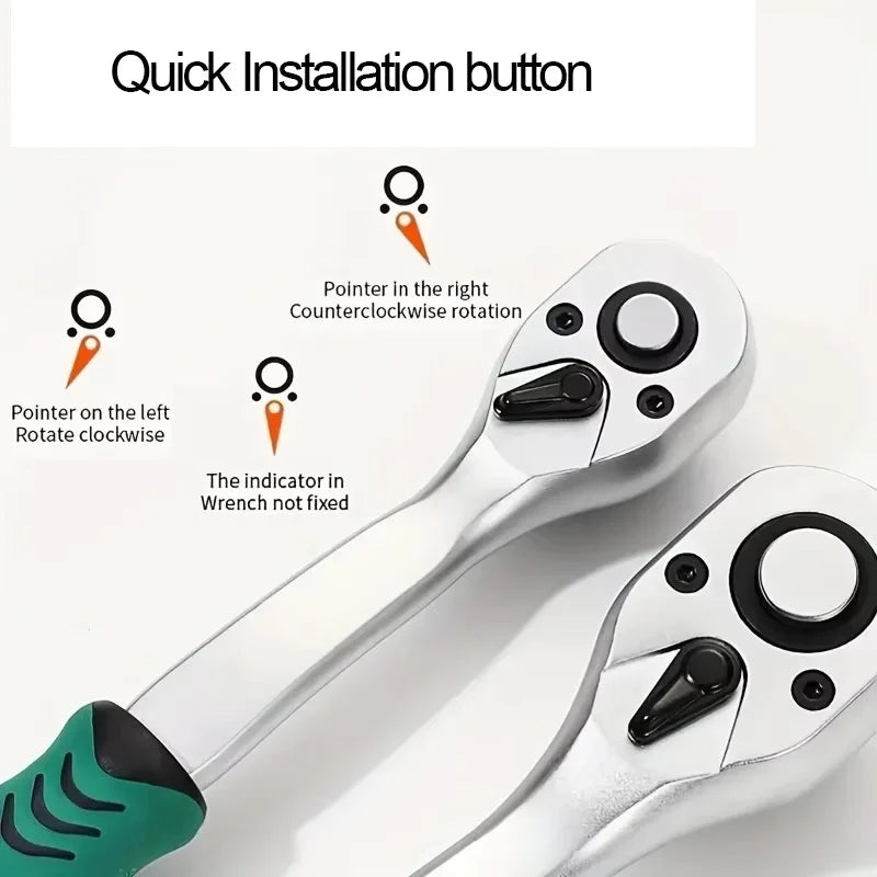 Two ratchet wrenches with text explaining quick installation button and rotation directions on a white background.