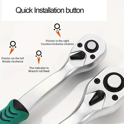 Two ratchet wrenches with text explaining quick installation button and rotation directions on a white background.