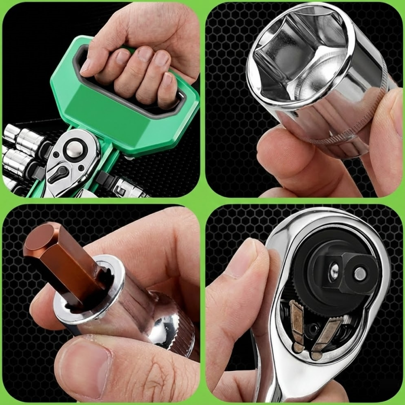 Collage of a hand holding various tools including a green tool, a silver ratchet wrench, a brown tool, and a black and silver tool.