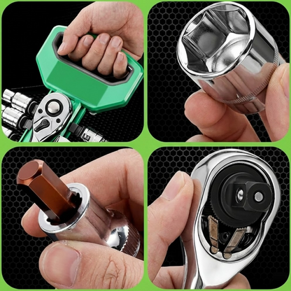 Collage of a hand holding various tools including a green tool, a silver ratchet wrench, a brown tool, and a black and silver tool.