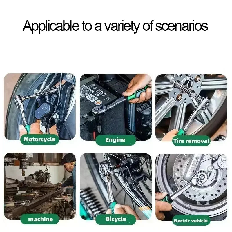 Set of tools being used on various machines including motorcycle, engine, tire removal, machine, bicycle, and electric vehicle.