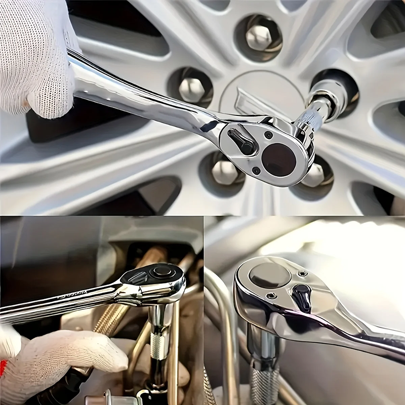 Close-up of a ratchet wrench being used on a car wheel, with additional views of the tool.