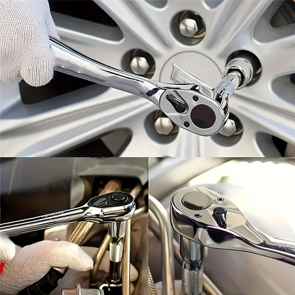 Close-up of a ratchet wrench being used on a car wheel, with additional views of the tool.