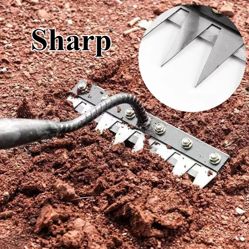 Sharp gardening tool on soil with a close-up of the blade inset.