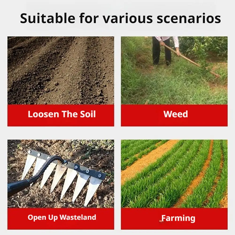 Gardening tool used for various tasks including loosening soil, weeding, opening wasteland, and farming.