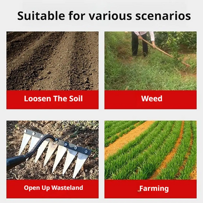Gardening tool used for various tasks including loosening soil, weeding, opening wasteland, and farming.