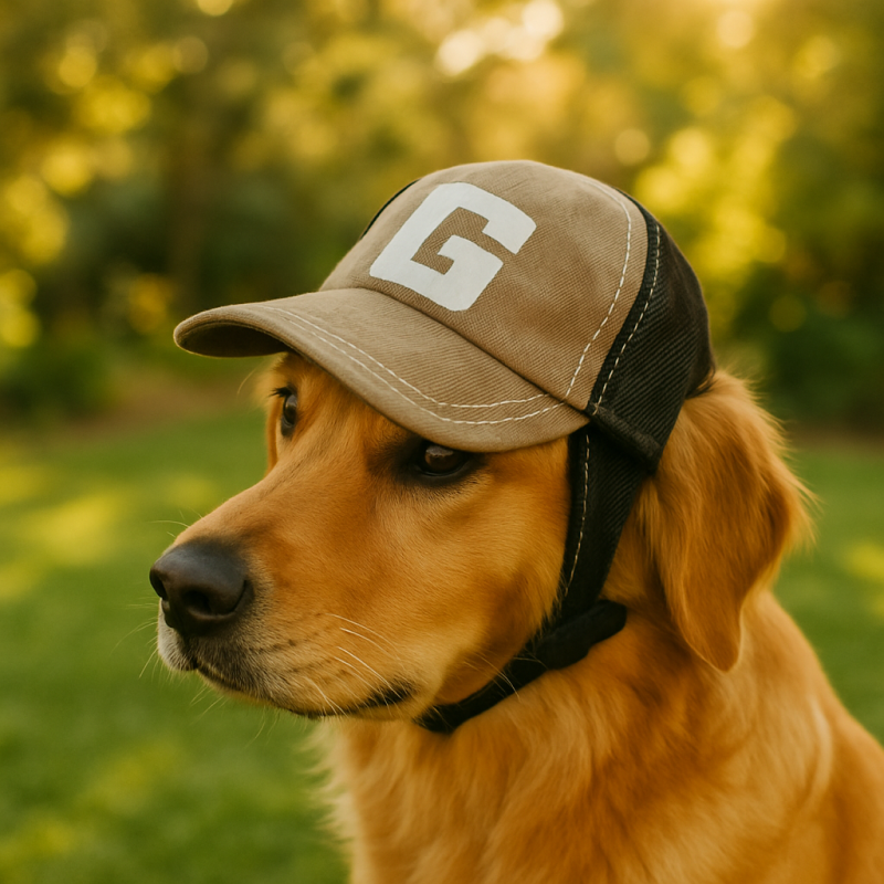 Dog wearing a cap with a 'G' logo in a natural setting