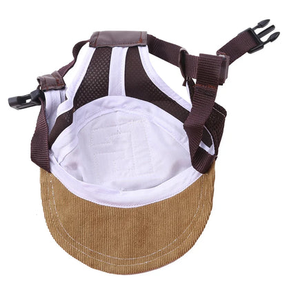 Brown cap with white interior and brown straps on a white background