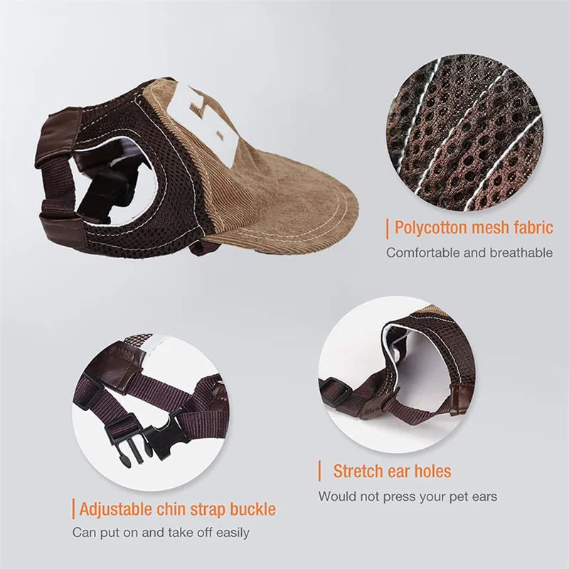 Dog harness with polycotton mesh fabric, adjustable chin strap buckle, and stretch ear holes on a gray background.