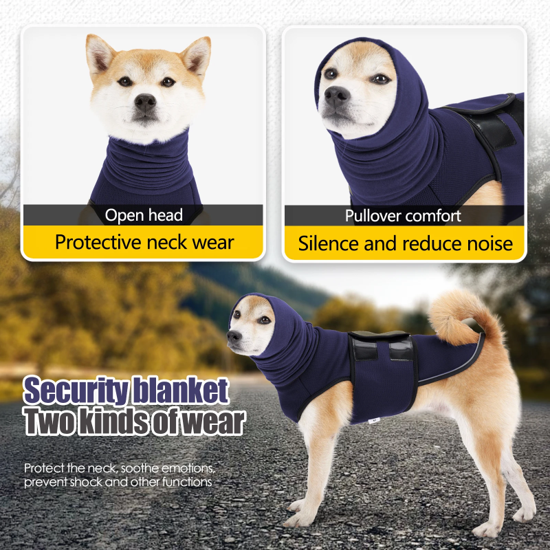 Dog wearing a protective neck wear with text describing its features.