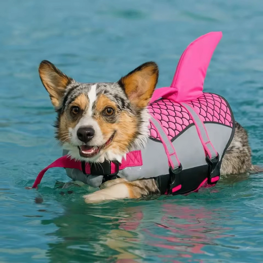 Dog wearing a pink and gray life jacket in water