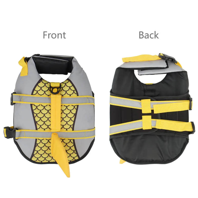 Dog life jacket shown from front and back on a white background