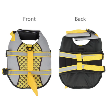 Dog life jacket shown from front and back on a white background
