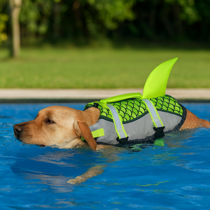 Dog wearing a shark fin life jacket in a pool