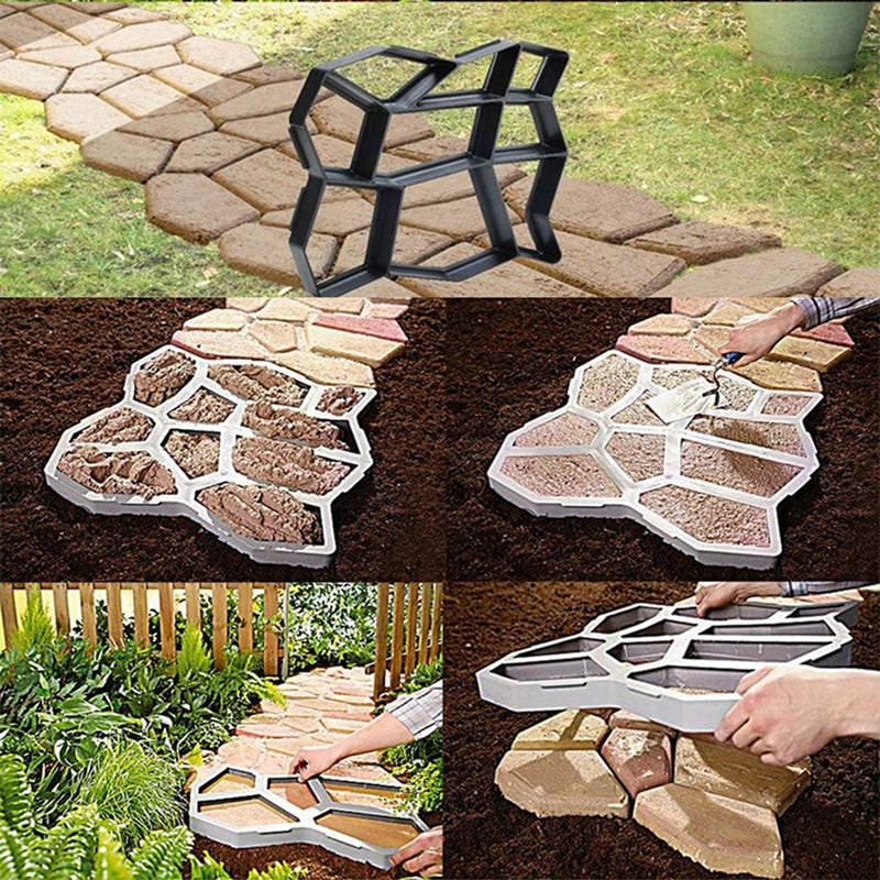 Collage of a stone pattern mold being used to create a stone pathway.