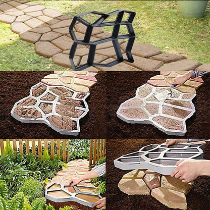 Collage of a stone pattern mold being used to create a stone pathway.