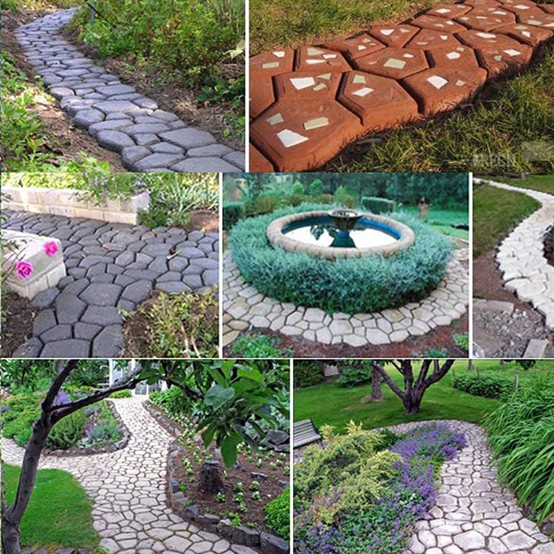 Collage of various garden pathways and landscaping designs.
