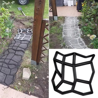 Geometric stone pathway with a black mold used to create it, set against a garden background.