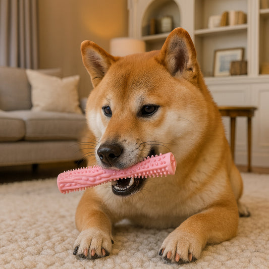 Dog chew the pink stick