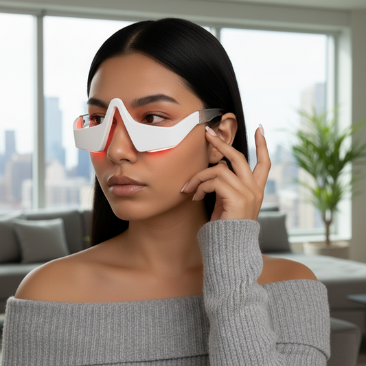 Woman wearing electric eye massage glasses in a modern living room