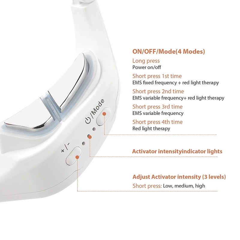 White electronic eye massage glasses device with control buttons and text on a white background