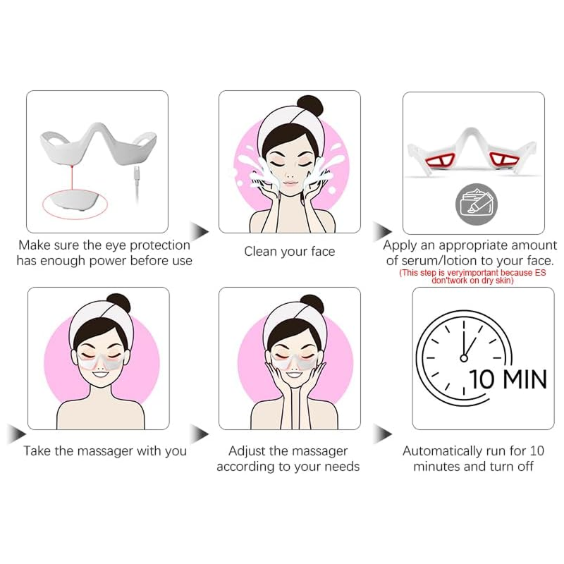 Step-by-step guide for using a eye massager glasses with icons and text instructions.