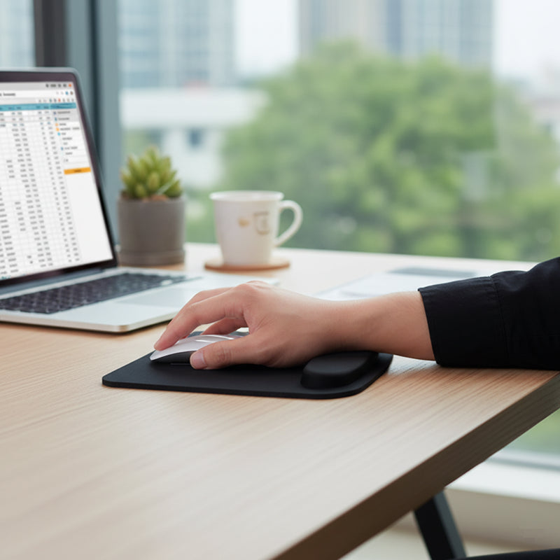 Person using a laptop on a desk with a blurred cityscape background with mouse pad