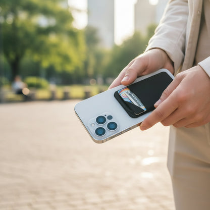 Person holding a smartphone with a card holder in an outdoor setting