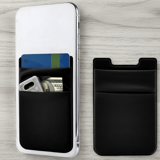 Phone case with card and cash pocket on a phone, next to a black cardholder on a wooden surface.