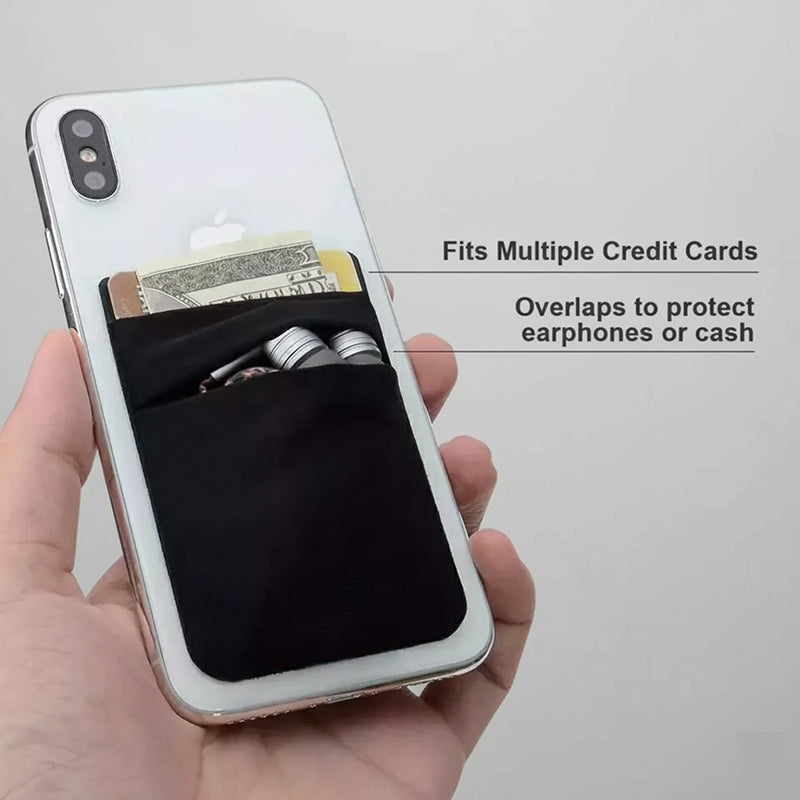 Smartphone with a black cardholder attached, holding money and earphones, on a light gray background.