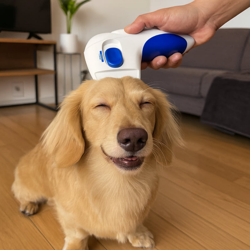 Dog being examined with a electric pet flea comb in a home setting