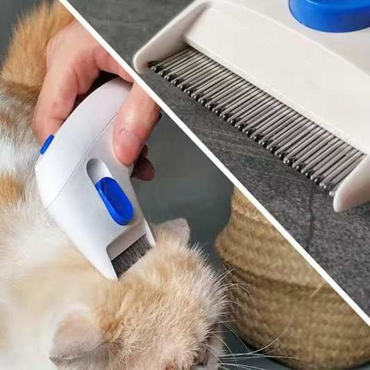 Pet flea comb being used on a cat with close-up of comb.