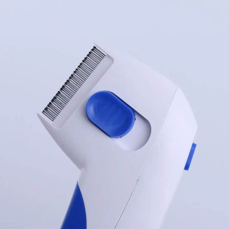 Pet flea comb with blue and white design on a light gray background